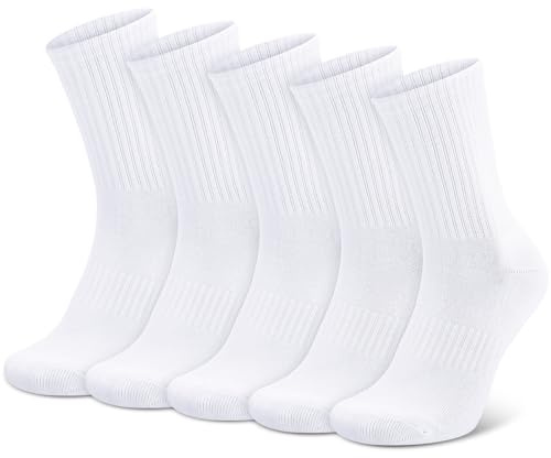 Zuimei 5 Pairs White Sports Socks Mens Cotton Cushioned Socks Crew Socks for Women Plain Tennis Running Socks Breathable for Workout Training Hiking