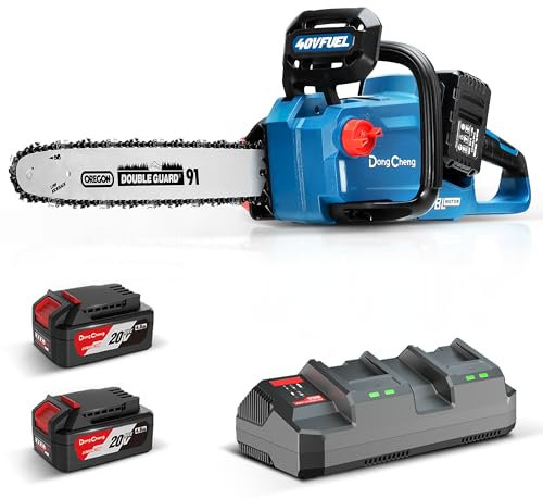 DongCheng 40V Akku Kettensäge 16 Zoll mit 2x 4,0Ah Akku & Schnellladegerät, 1650W bürstenloser Motor, Werkzeugloser Kettenspanner, Motorsäge für Holz und Gartenarbeit