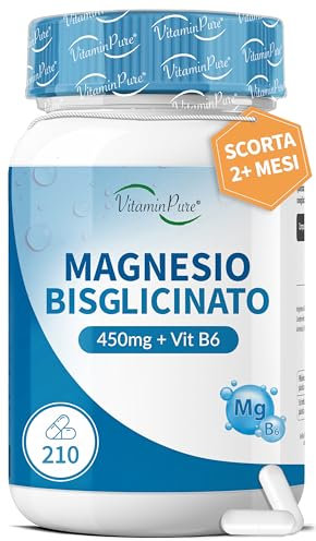 Magnesio Bisglicinato Capsule 450mg con Vit B6, 210 Capsule Vegane, Forma Chelata - Integratore per Dormire Meglio, Contro Stress, Affaticamento, Dolori Muscolari Alta Biodisponiblità - VitaminPure