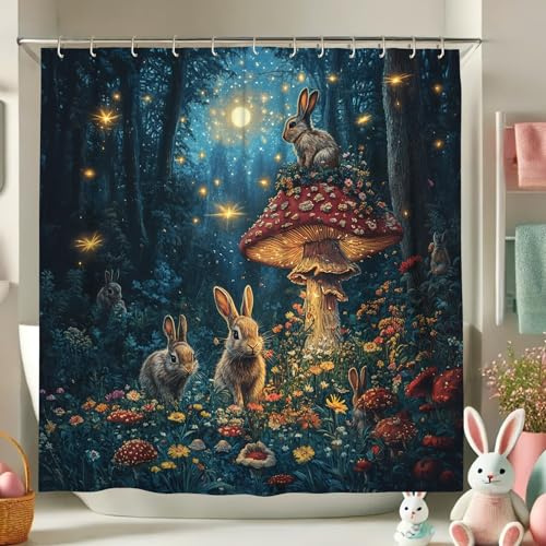 Cortina de ducha con diseño de bosque mágico, conejos encantados con hongos para decoración de baño, estilo fantasía de otoño e invierno, juego de cortina de ducha de tela impermeable de felpa con