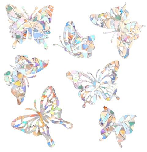 Pack of 21 Prism Window Decals PVC Anti-Collision Stickers Bird Protection Rainbow Window Film Circular Suncatcher Sticker Decoration for Stops Birds Door Window (Butterfly)