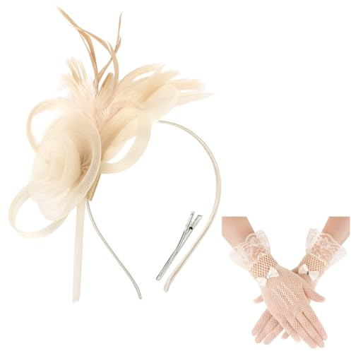 Fascinators Hats for Women and Lace Gloves Set, Beige Derby Hat Vintage Tea Party Hats Fascinator Hat Headband Headwear Clip 1920s Accessories for Women Girls Cocktail Wedding Church Tea Party Favors