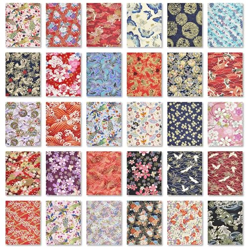 LE-stone 30Pcs Quilting Cotton Fabric Japanese-Style Patterns 8 x 10 Pre-Cut Fabrics of Peacocks Flowers Carp Red-Crowned Cranes Patchwork Printing for Sewing Cloth Bags Handicrafts DIY