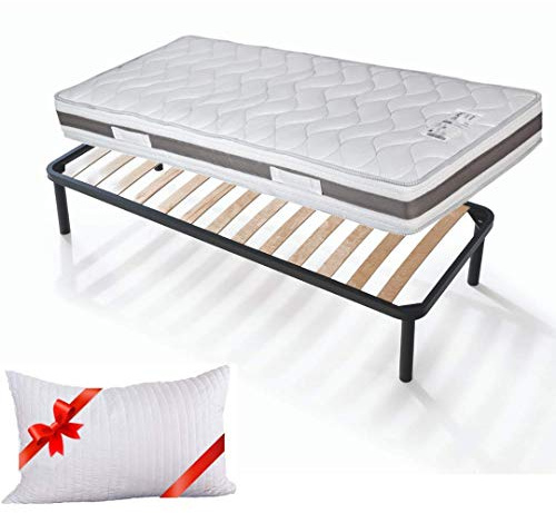 Evergreenweb - Kit Rete e Materasso Singolo 80 x 195 Alto 20 cm con CUSCINO Memory INCLUSO, Set Letto Materasso a MOLLE in ACCIAIO e Water Foam EXTRA COMFORT + Rete Singola a Doghe in Legno ORTOPEDICA