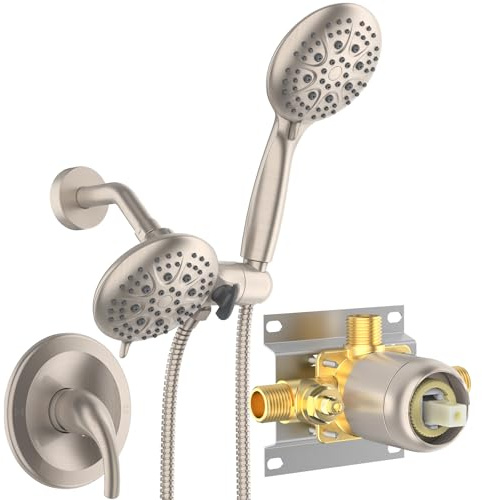 SR SUN RISE Shower System with Handheld Shower and Rain Shower Combo Set High Pressure 5-spray Dual 2 in 1 Shower Faucet Patented 3-way Diverter Brushed Nickel (Valve Include）