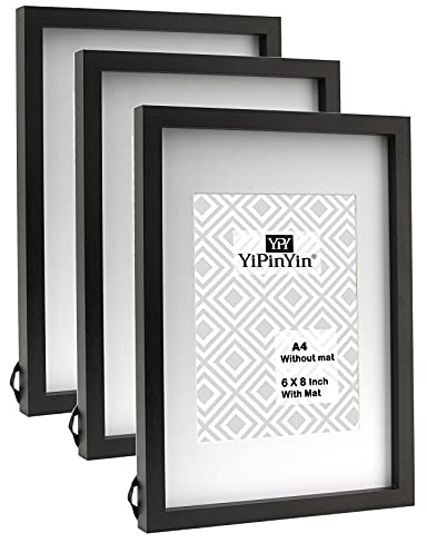 Black A4 Picture Frames set of 3 with Mount for 6 x 8'',A4 Gallery Wooden Boxed Picture Frame 3 Packs with Real Perspex Window Front, Modern A4 documents frames for Tabletop or Wallmounted