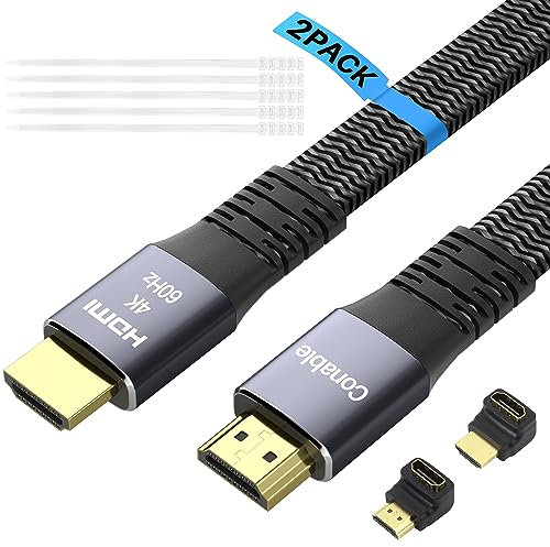 4K HDMI Cable (2-Pack, 15FT Each), Flat HDMI Cord with 2 Adapters & 25 Ties