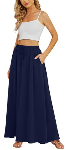 Yincro Women's Flowy Maxi Skirt Summer Pleated High Waisted Casual Long Skirts with Pockets (Navy Blue, M)