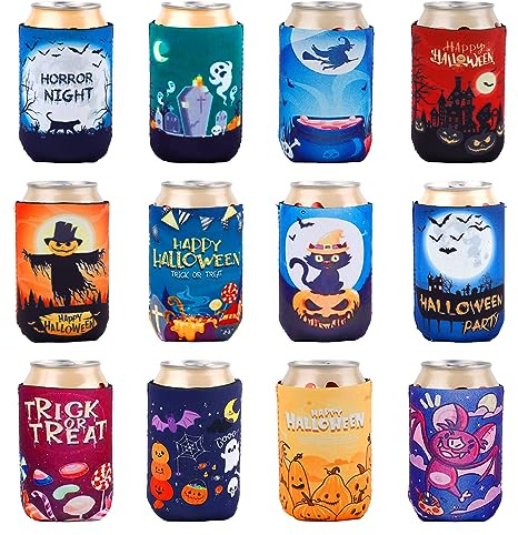 12uds Manga para Latas de Halloween, 12oz Enfriador de Latas de Cerveza Casa Embrujada Fantasma Calabaza Murciélago Bruja Reutilizable Neoprene Beer Can Sleeves para Bebidas Frías Refrescos
