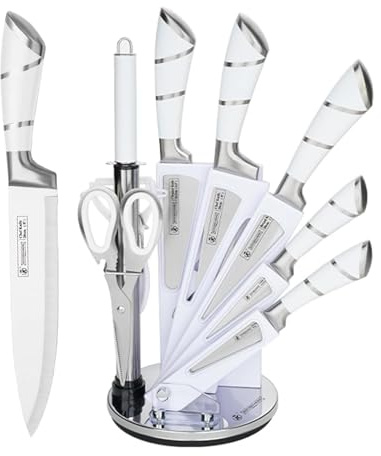 Justup Juego de 9 piezas con cuchillo giratorio de acrílico, cuchillo afilado de chef sin recubrimiento pegajoso, cuchillo de cocina de acero inoxidable con afilador (Blanco)