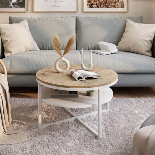 lukmebel Couchtisch rund - CIRI-X runder - Beistelltisch rund - Kaffetisch - Industrial Deko - Deko Wohnzimmer - Kleiner Beistelltisch - Sofatisch - Kleiner Tisch - Weiß/Artisan Eiche