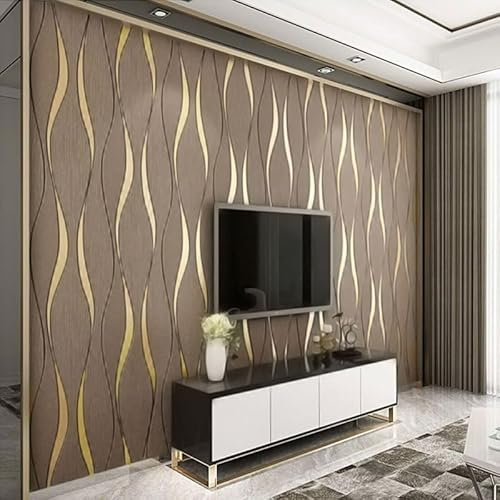 Camiraft Kaffee Tapete Vliestapete 3D Modern Minimalistisch Wallpaper mit 3D-Wellen Leicht Glänzend - Streifentapete Wanddekoration in Wohnzimmer, Schlafzimmer und Büro 0,53m x 9.5m