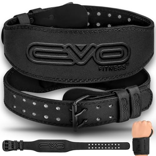 EVO Fitness 4” 6” Matte Black Weight Lifting Belt With 18 Wrist Straps Gym Cowhide Leather Padded Lumbar Back Support Powerlifting Bodybuilding Workout Training Men Women (Large, Black 4)