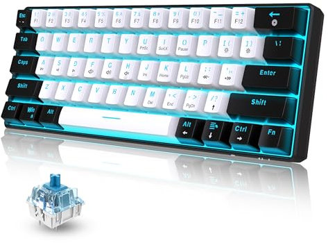 Snpurdiri 60% Wired Mechanical Gaming Keyboard, Ice Blue LED Backlit 61 Keys Mini Wired Office Keyboard for Windows Laptop PC Mac (Black-White, Blue Switches)