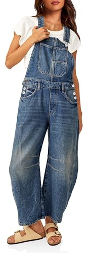 PLNOTME Women's Denim Bib Overalls Barrel Leg Adjustable Strap Jean Pants Jumpsuits with Pockets