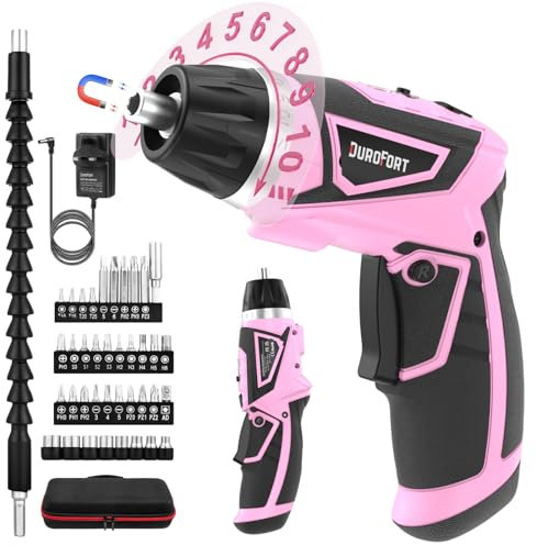 DuroFort 8V Pink Cordless Electric Screwdriver Set, 10+1 Torque Power with Rechargeable Battery, 2000mAh Battery 320RPM 2 Position Handle, 1/4” Magnetic Chuck, 39Pcs Screwdriver Accessories, LED Light