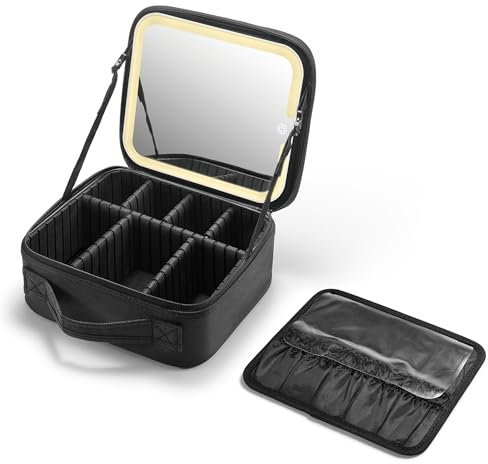 OWBIA Kosmetiktasche mit beleuchtetem Spiegel, Make up Tasche mit verstellbaren Trennwänden, Oxford Stoff (Klein, Schwarz)