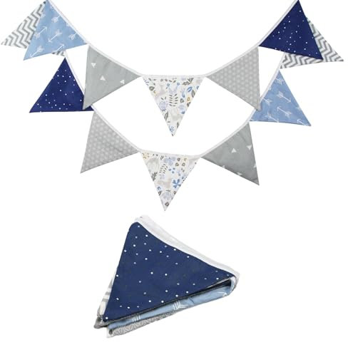 Graublaue Stoffgirlande Mit 12 Stoffwimpeln 3,3 M Lange Doppelseitige Stoffgirlande Jungentuch Aus Baumwolle Dreieckskettenstoff Geeignet FüR Kindergeburtstagsfeiern Partys Im Freien (blau&grau)