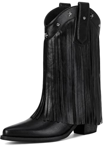 Bybmorto Black Fringe Cowboy Boots for Women – Star Studded Mid Calf Cowgirl Booties with Pointed Toe and Chunky Heel, Fashionable Western Style for Country Music Festivals, Size 11