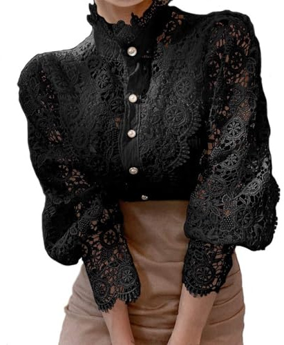 Women Lace Tops Elegant Ruffle Blouse 3/4 Sleeve Vintage Victorian Blouse Stand Collar Tunic Tops Casual Hollow Out Flower Patchwork Button Down Lace Shirts Black, M