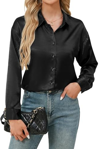 Stamain Camisas Negro Mujer Blusa de Satén Seda Manga Larga Camisa Informal con Botones Elegante Blusa con Cuello en V para Oficina Ejecutiva y Negocios M