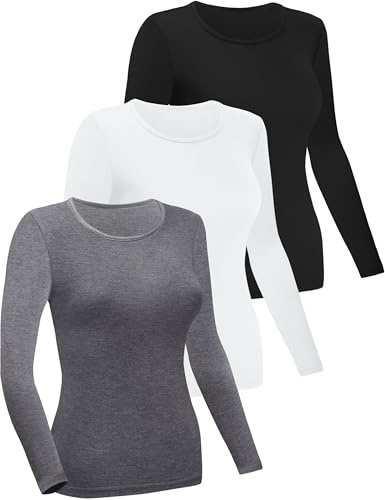 FEQO Lot de 3 Chemises à Manches Longues pour Femme T-Shirt à Manches Longues Col Rond Basique Slim Fit Tops(Noir, Blanc, Gris Foncé) S
