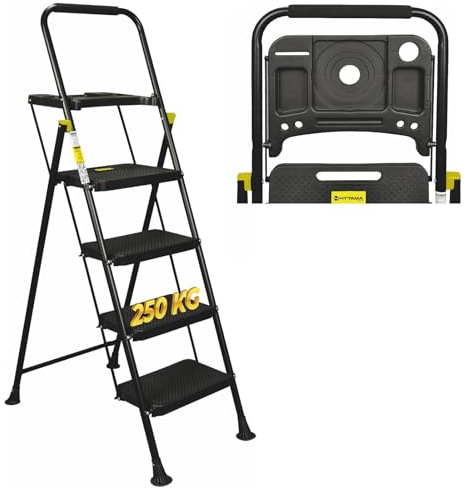 HYTAMA Scala Scaletta Pieghevole 4 Gradini Nero PLUS con Portaoggetti con Piedini Antiscivolo, Struttura in Acciaio, Impugnatura in Spugna, Leggera, Multiuso, Certificata EN14183 testata fino a 250Kg