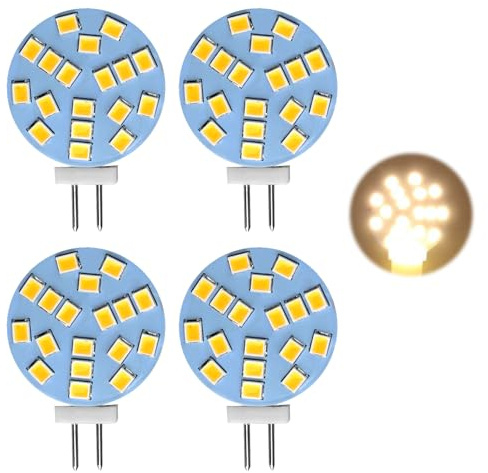 iwui 4PCS Bombilla G4 LED 12V 2W equivalente 20W halógeno, luz blanco cálido 2700K, 220 lúmenes, 120° ángulo, base bi-pin G4 AC/DC 12V, bombilla LED duradera, iluminación hogar