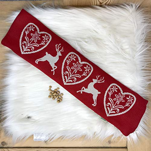 Gaidra Cuscino Benessere con NOCCIOLI di Ciliegia sfoderabile - Jacquard in 100% Cotone - 51 x 14 cm - qualitá Artigianale dall' Alto Adige - Stile Tirolese Montagna - Cervi e Cuori