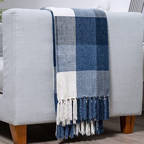 RECYCO Buffalo Plaid Chenille Throw Blanket Soft Cozy Checkered Blanket Throw with Fringe Tassel for Couch Sofa Chair Bed Living Room Gift, Navy Plaid, 152X127cm