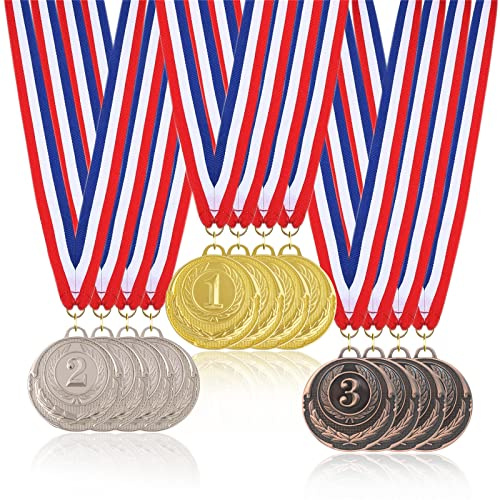 STHGDONA Medaglie Premiazioni Metallo,12 Pezzi Medaglie Oro Argento Bronzo, Medaglie Premiazioni Premi con Nastro per Collo per Gare Stile Olimpico Regalini per Feste Ricompensa Bambini