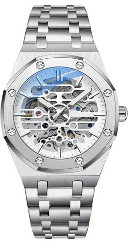 RORIOS Montre Homme Mécanique Automatique Lumineuse avec Bracelet en Acier Inoxydable - Décontractée Squelette