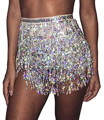 Bufenia Damen Bauchtanz Hüftrock Quaste Pailletten Hüftschal Riemchen Wrap Rave Röcke Halloween Kostüm Club Festival (Silber)