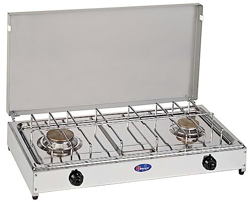 FORNELLO DA TAVOLO PARKER GAS GPL (BOMBOLE) 2 FUOCHI CON PIANALE IN ACCIAIO INOX TELAIO GRIGIO - 5522G