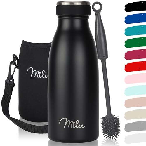 Milu - Botella de acero inoxidable, 350, 500, 750 ml, 1 l, 1,5 l, termo a prueba de fugas, apto para bebidas con gas, para niños y adultos, incluye 1 cepillo de limpieza, color negro, 350 ml
