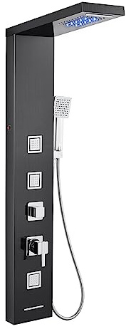 MENATT LED Shower Panel Tower System, Bathroom 5-Function Shower Panel Tower with LED Rainfall Waterfall Shower Head, Massage Jets, Tub Spout, Handheld Shower, Black