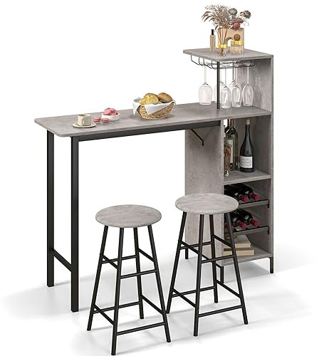 LIFEZEAL Bartisch Set, Tresentisch mit 2 Barhocker, Esstisch Stehtisch mit Weinglashalter & Ablage, Küchentheke Bistrotisch Industrie-Design, Stehtisch für Bar, Bistro & Wohnzimmer (Grau)