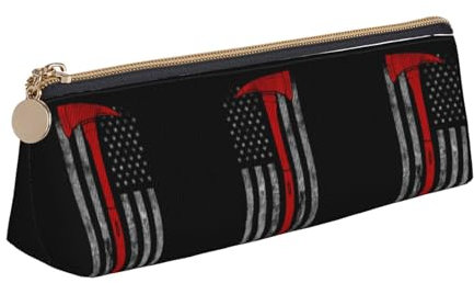 Étui en cuir de vachette rouge et marron, trousse à stylos fine, trousse de papeterie mignonne, trousse de maquillage portable, sac à fermeture éclair., Drapeau hache de pompier ligne rouge, Taille