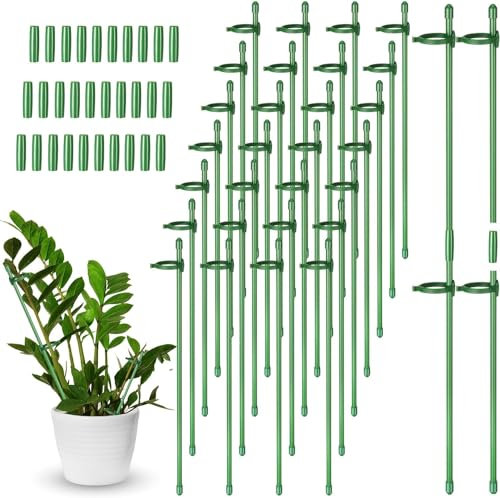 KAHEIGN 60Pcs Adjustable Plant Support Stakes, 30CM Extensible Garden Single Stem Support Stake Plant Cage Support Rings with 120Pcs Plant Clips and 30Pcs Connect Pipes for Orchid Rose Tomato Plants