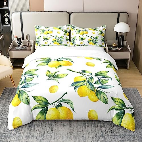 Loussiesd Zitrone 100% Baumwolle Bettwäsche Set 135x200cm Botanical Lemon Muster Betten Set Raum Dekorative Tropische Früchte Bettbezug Set Baumwolle für Schlafzimmer Gelb Grün Bettwäsche-Set
