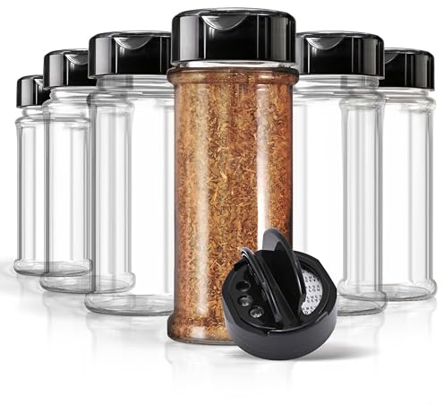6 Pack 5.5 oz Round Plastic Spice Jars, Empty Seasoning Containers for Homemade Rub, Spices, Glitter, and More, Small Spice Containers with Black Shaker Lids and Heat-Induction Liner, Clear Spice Jars