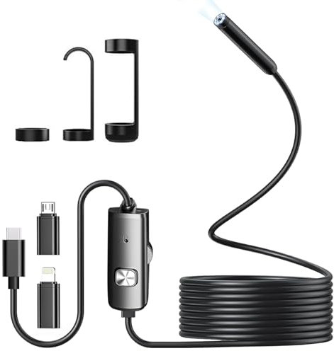 Endoscope Inspection Camera, 1920 HD Flexible Rigid inspection camera with 8 LED Lights, Waterproof IP67 Drain Endoscope for iPhone, iPad, Android Devices, and Tablets (16.4 Ft/5m)