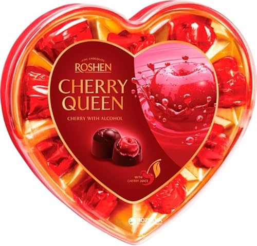 Roshen Cherry Queen Praliné de Chocolate con Licor de Cereza, Caja de Regalo en Forma de Corazón, Bombones Surtidos, 125 g
