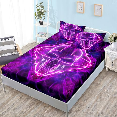 Spannbettlaken 180x200cm Lila Schädel Betttuch Bettlaken 180x200 Polyester Spannbetttuch Bettbezug 180 x 200 Atmungsaktiv Bed Linen Knitterfrei Bettbezug 30cm Tiefe Matratzenbezug
