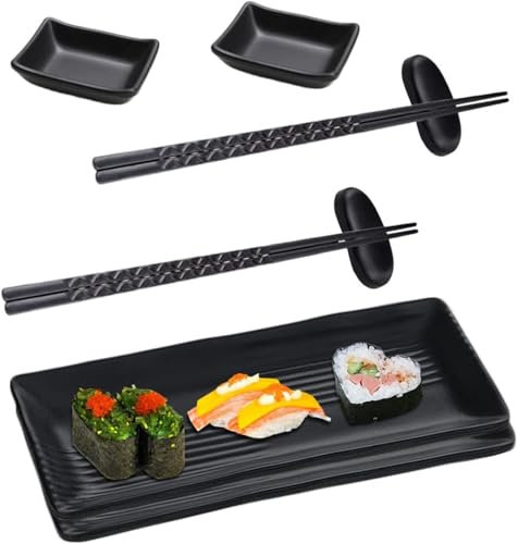 Set à sushi, plats à sushi,bol en mélamine, set d'assiettes avec 2 paires de baguettes + 2 repose-baguettes+2 assiettes+2 assiettes à trempette (noir)
