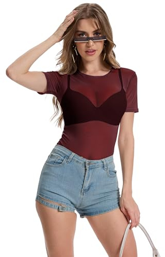 tanzdunsje Genomskinlig T-shirt Dam, Sexiga Nättröjor för Kvinnor - Kortärmad, Party Mesh Toppar, Transparent Svart Tröja med Rund Hals, Röd, M