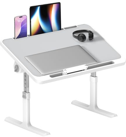 Höhenverstellbarer Laptoptisch fürs Bett 60x40cm, Winkelverstellbar-4 & Klappbarer Betttisch, Hellgrau