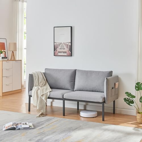 [en.casa] 2-sits soffa rum bekväm tygsoffa med armstöd och förvaringsväskor grå 158 x 79 x 63 cm