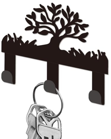 DELORIGIN Tree of Life Key Holder for Wall, Mini Black Iron Key Hooks Wall Mounted Rack with 3 Hooks, House Small Keys Hangers for Keys Bag Dog Leash Storage Decorative Entryway