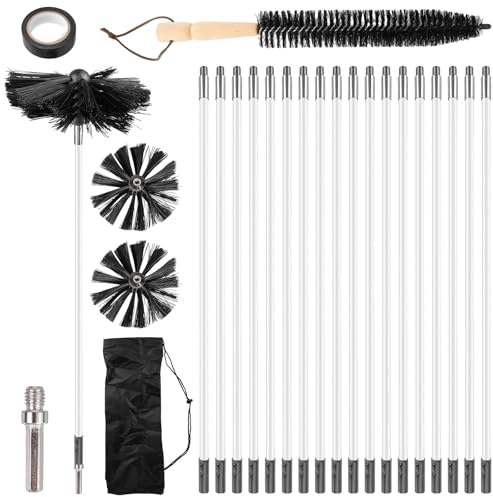 Set da 24 pezzi di spazzole per camino con 18 aste flessibili da 410 mm + 2 teste di spazzola da 150 mm + 1 spazzola lunga in legno + accessori, kit di spazzole per la pulizia di canne fumarie per